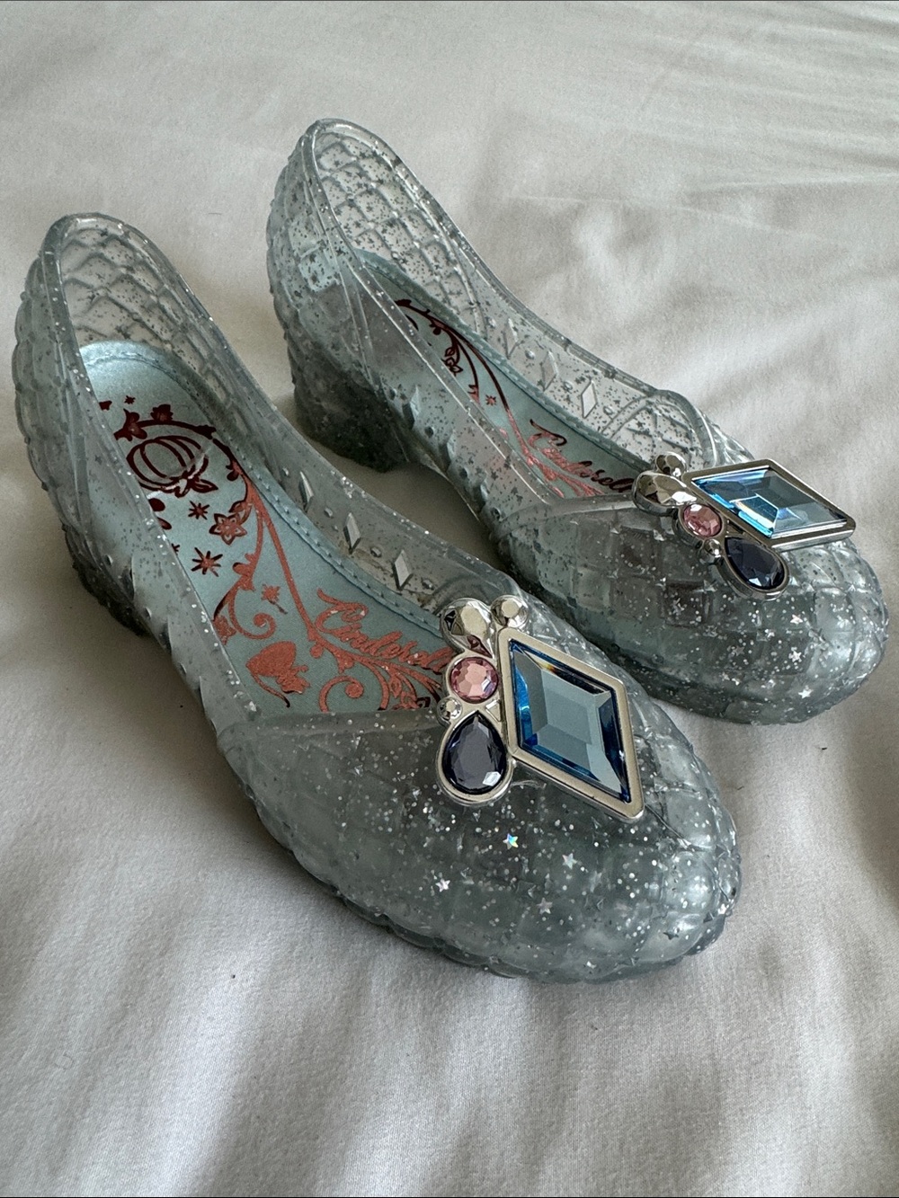 Cinderella Clear Glitter Jelly Heels with Blue Gem Accent size 11/12T